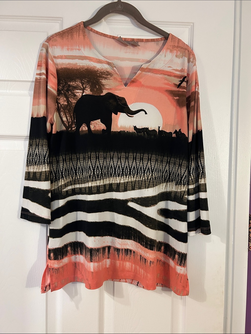 Chico's Coral and Black Safari Sunset V-Neck Tunic